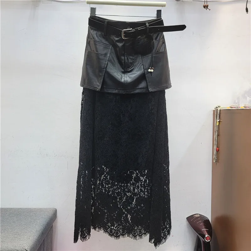 ANJY Herfst Winter Nieuwe Damesmode Kant Patchwork PU Leer Elegante Bodycon Midi Rok Unieke Chic Ins Veelzijdige Rokken A17238