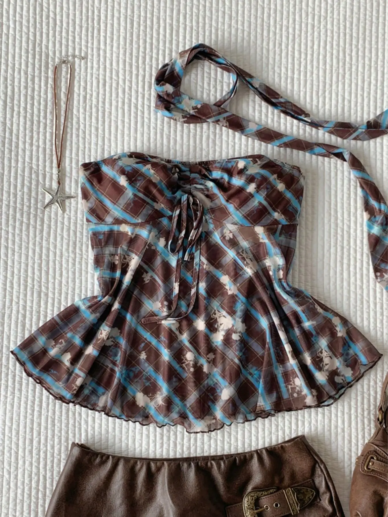 Amerikanischer Retro-Trend, modisches, kariertes, trägerloses Sommer-Top im sexy Girl-Stil mit hoher Taille, Spitze, Netzstoff und Print, Y2K-Sommer
