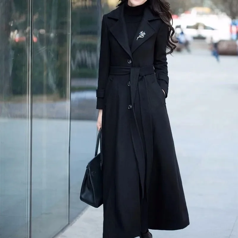 Women Temperament Woolen Jacket 2023 Winter Female New Thickened Woolen Coat Slim Hepburn Style Super Long Over-the-knee Jacket