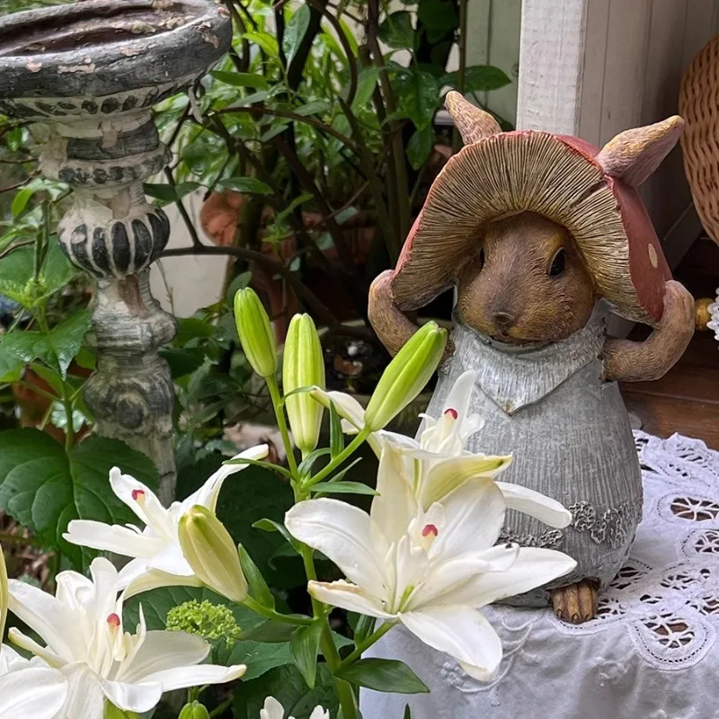 Resin Mushroom Hat Rabbit Statue Garden Fairy Decor for Outdoor Whimsical Cottage Ornament Handmade
