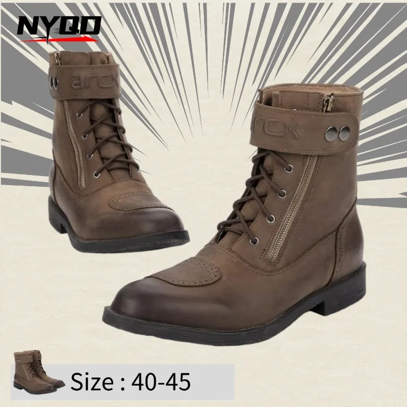 

Vintage Retro Genuine Leather Motorcycle Boots - Men's High Top All-Season Street Riding Boots with Anti-slip Sole