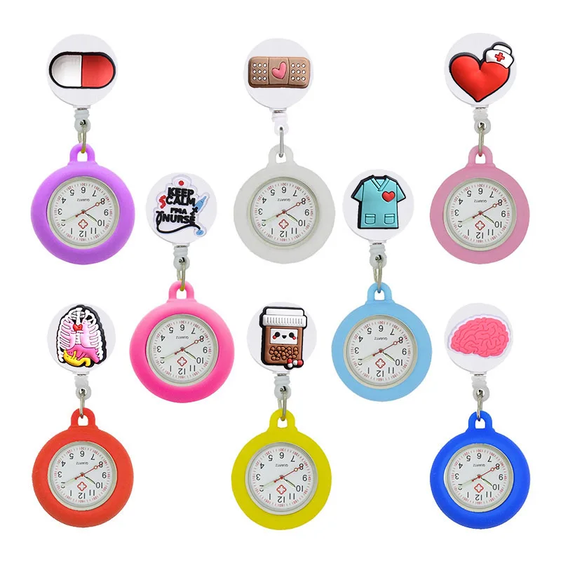 

YiJia Lovely Nurse Pocket Watch Retractable Badge Reel Cartoon Medical Subject Reloj with Silicone Case