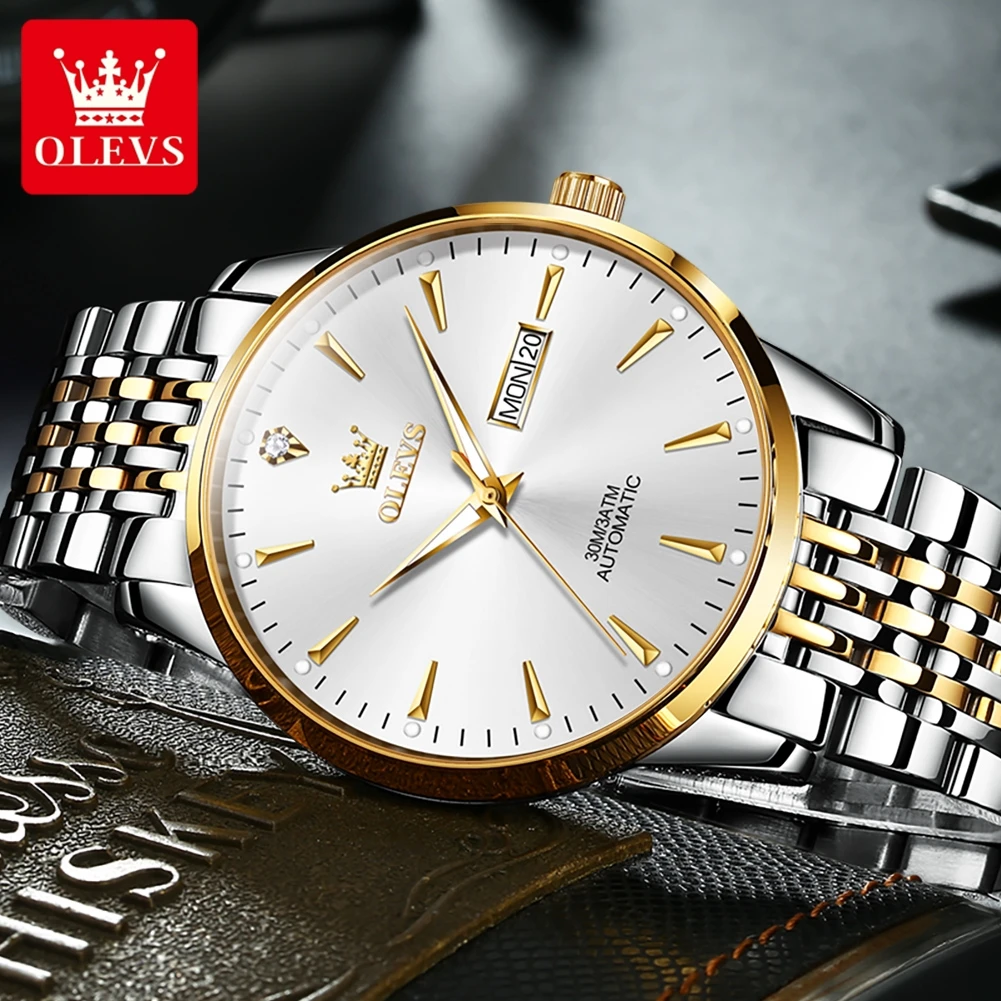 OLEVS 6635 Men Watch Dual Calendar Simplicity Dial Waterproof Luminous High Quality Stainless steel Automatic Mechanical Watches