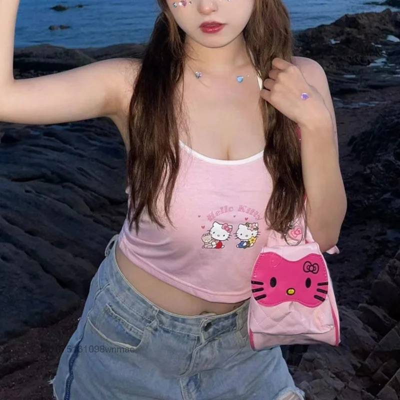 Hello Kitty Sweet Girl\'s Strap Tank Top for Summer Y2k Cute Cartoon Outwear New Slim Underwear Sleeveless Short Top Clothes