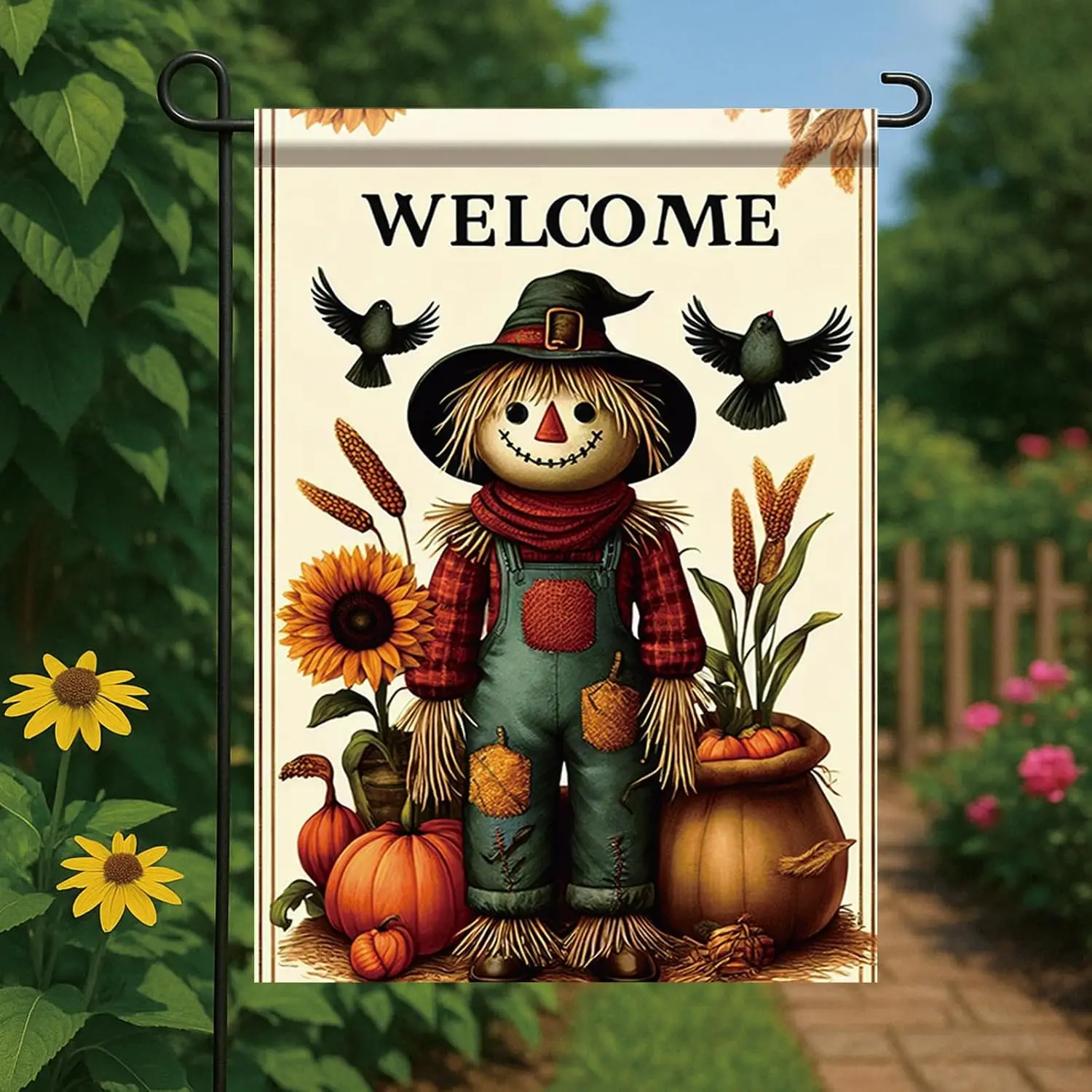 Starlit Patio 12x18 Inch Autumn Scarecrow Thansgiving Garden Flag Fall Welcome Banner Harvest Yard Decoration Outdoor Season uui