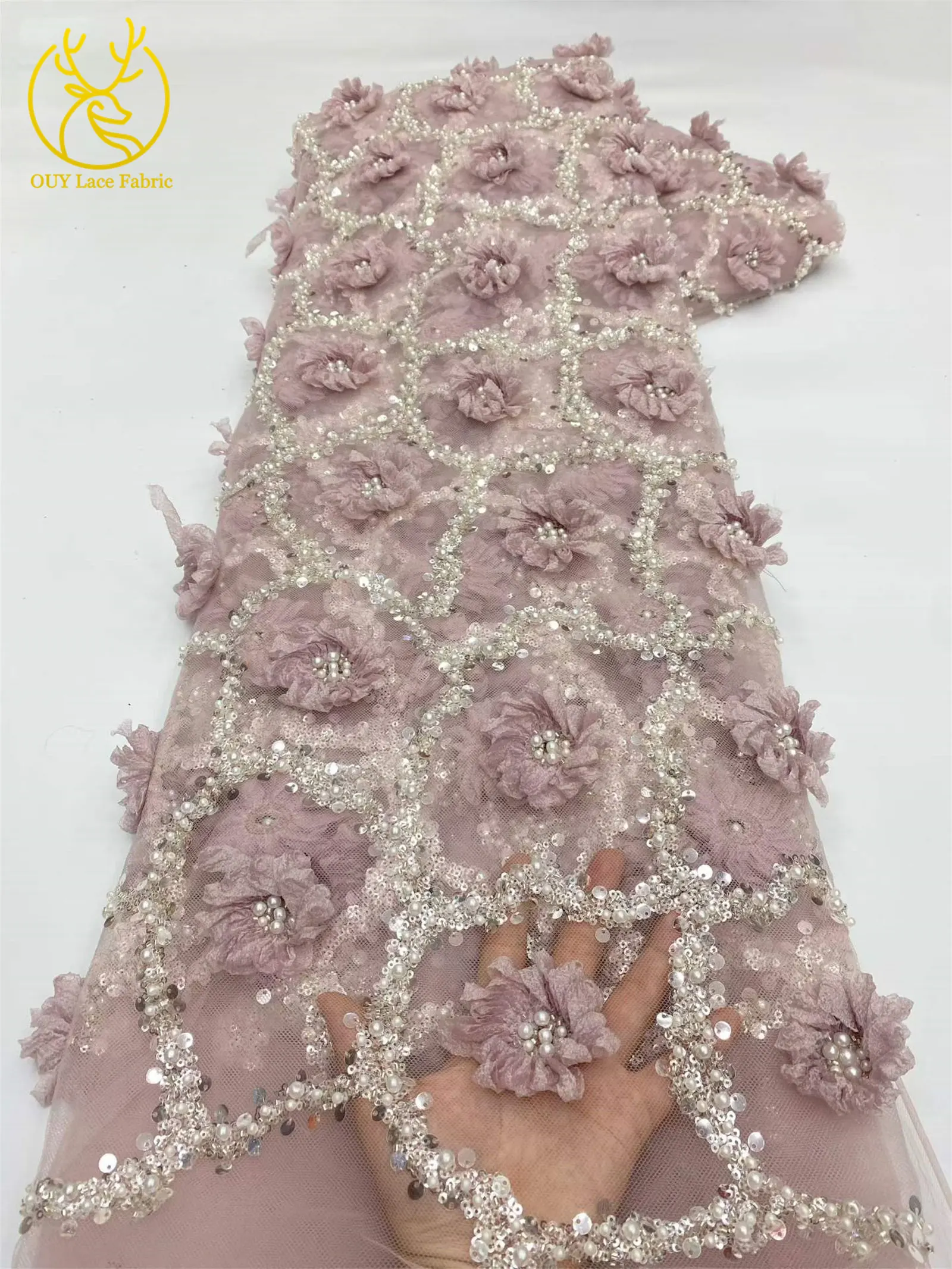 Elegantes Abendkleid 3D-Blumen-Spitzenstoff Afrikanischer Pailletten-Perlen-Spitzenstoff Hochwertiger Nigerianischer Französischer Tüll-Spitzenstoff – Detail 14