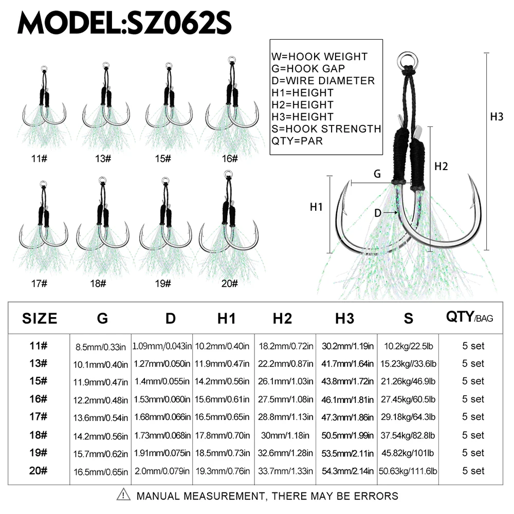 PROBEROS 5Pair/lot Jig Head Fishhooks 11-13-15-16-17-18-19-20# Cast Jigging Assist Fishing Hooks Luminous Double Barbed Hooks