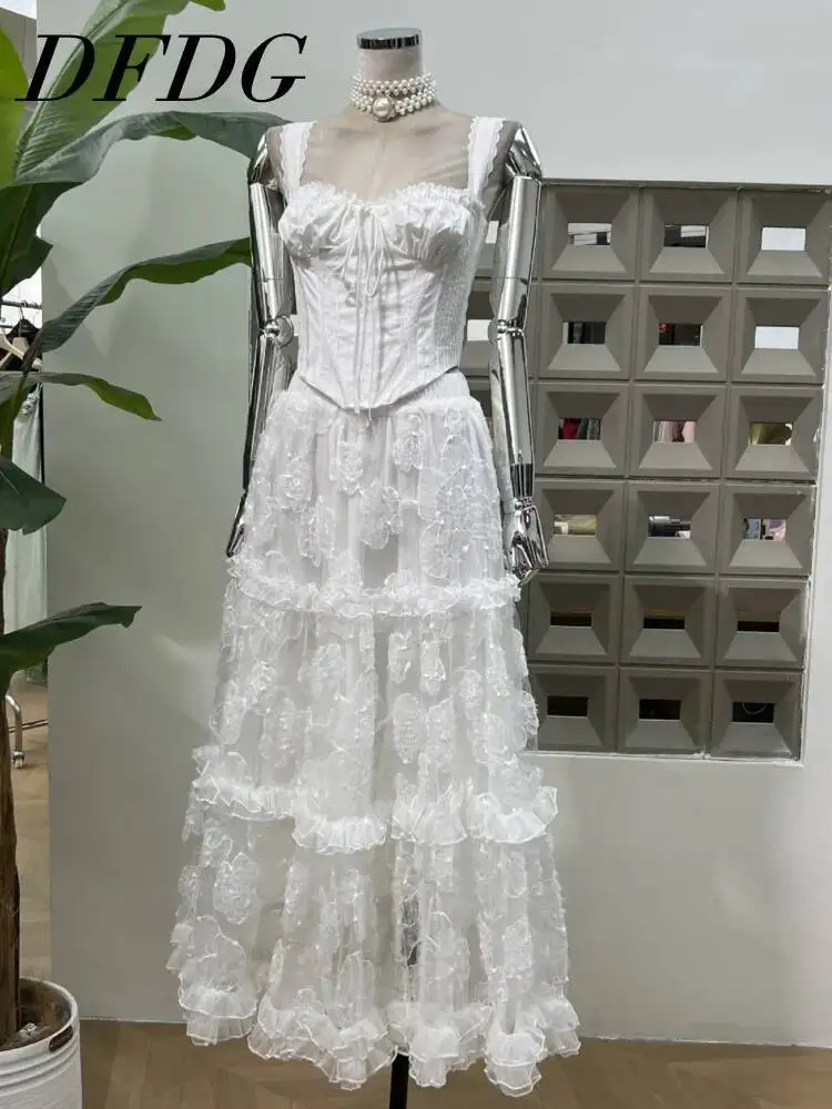 

DFDG комплект из двух предметов, лето 2029, нежный женский топ с лямкой на шнуровке на талии для похудения, жаккардовая юбка длиной до грибка по бокам