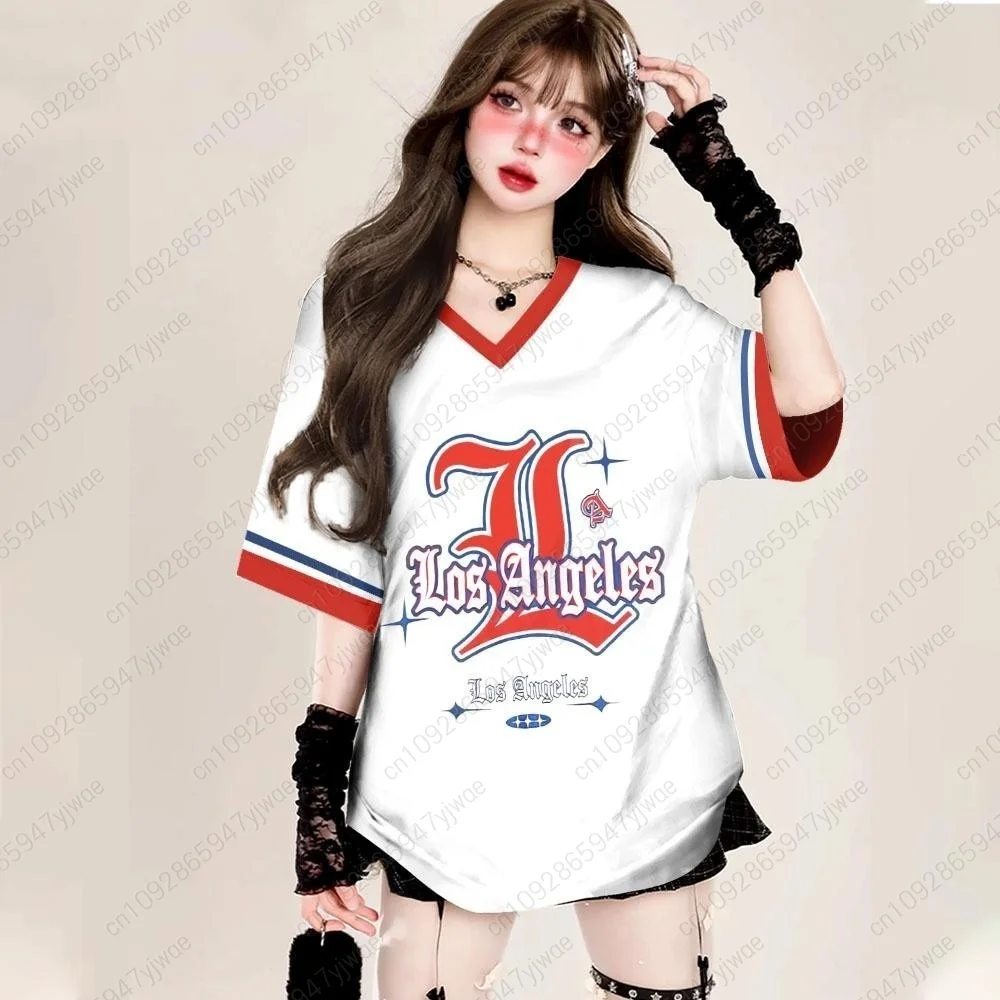 

Летняя женская футболка большого размера с v-образным вырезом и коротким рукавом LOS ANGELES, бейсбольный трикотаж с принтом в полоску, спортивная футболка для женщин