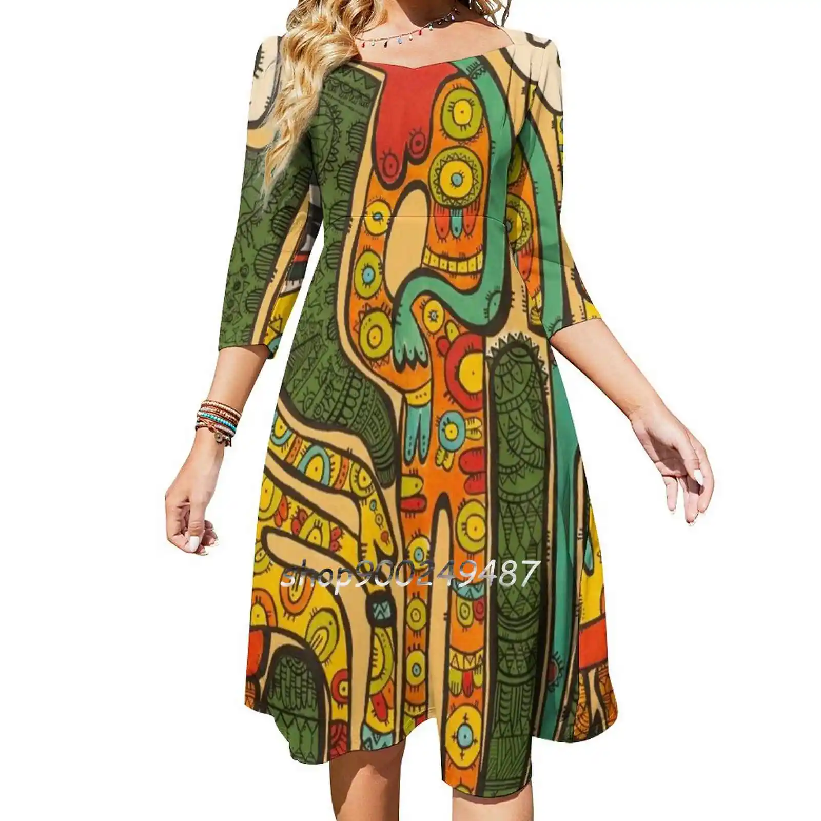 "Runião colorida" por Tara Mokhtari vestido de pescoço quadrado bonito solto vestidos estampados elegante vestido de festa de praia textura colorida