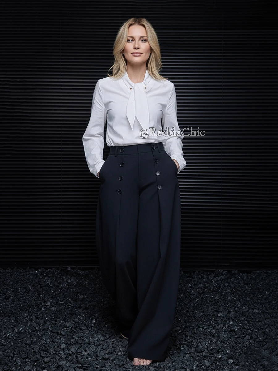 REDDACHiC المرأة زر ديكور البدلة بنطلون مطوي جيوب أمامية واسعة الساق فضفاضة نظيفة تناسب سروال فستان مكتب ارتداء اليومي