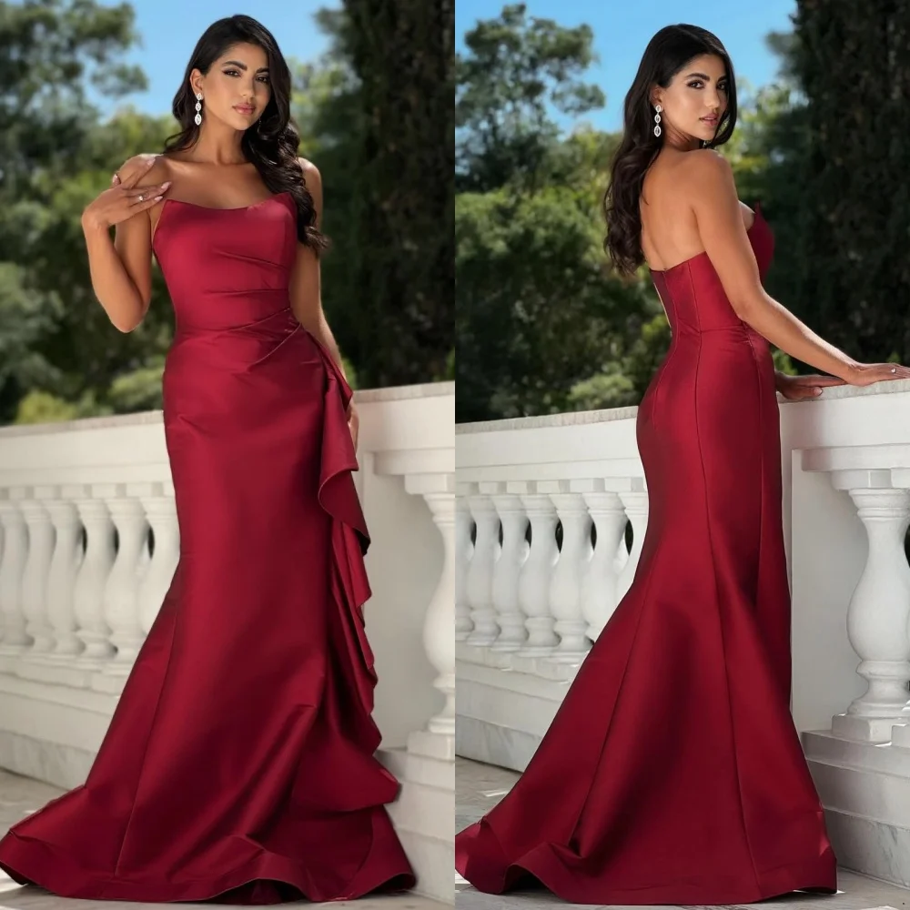 

Customized Formal Simple Charmeuse Ruched Pleat Mermaid Strapless Long Dresses Bespoke Occasion Dresses Modern Style Matching