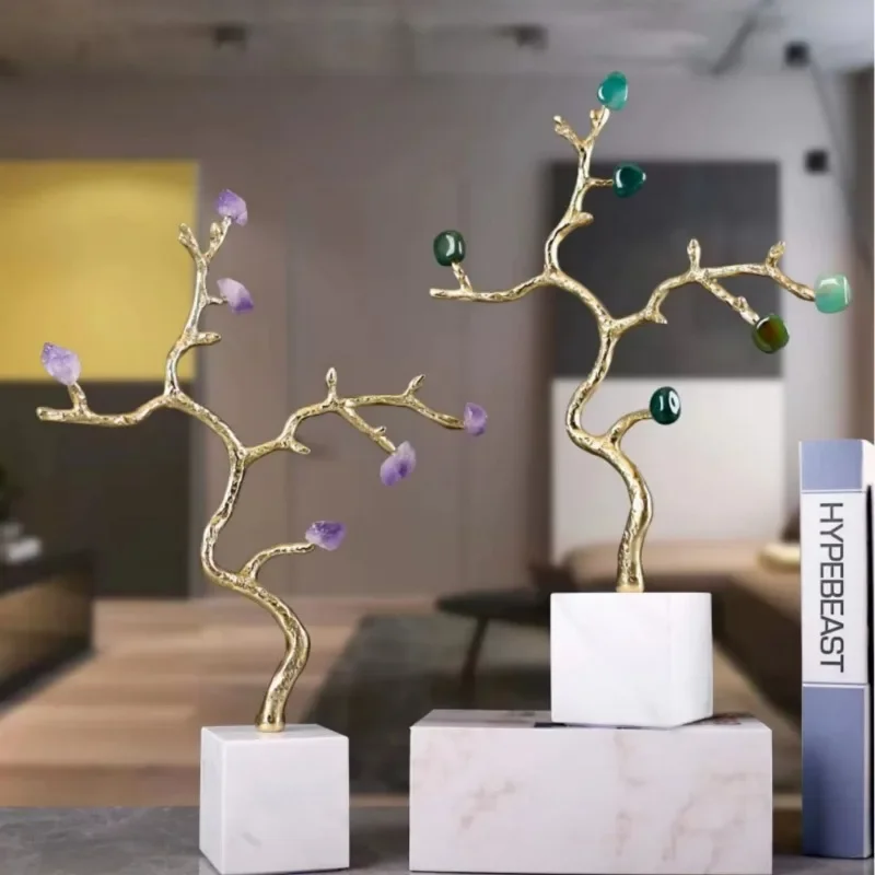 Albero in pietra di cristallo di lusso leggero, pietra di agata con base in marmo, ornamento, regalo per mobile TV.