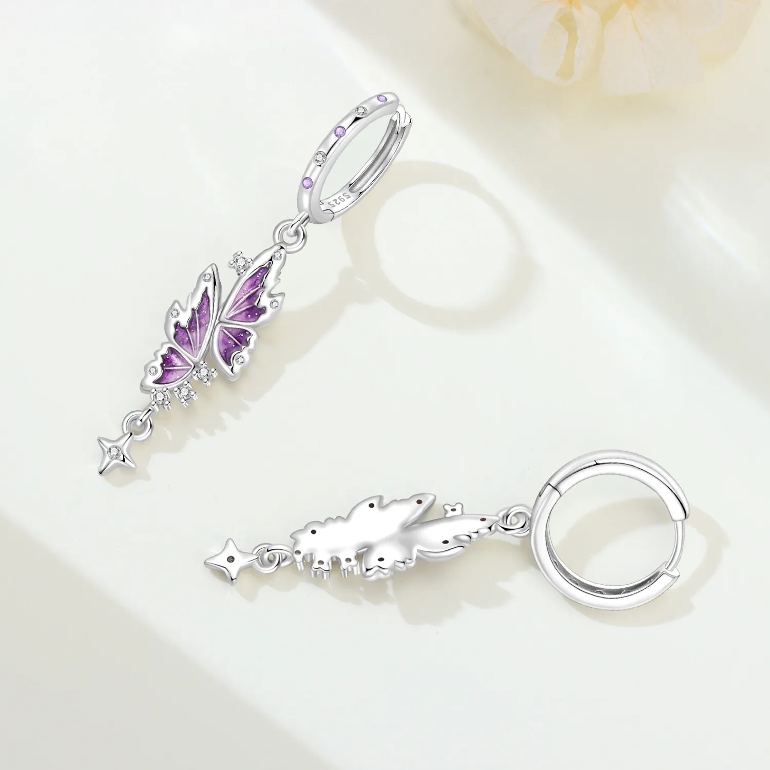 Original 925 Sterling Silber Ohrringe, Vielseitige Exquisite Hellviolette Rosa Blumen-Schmetterlings-Ohrringe, Schmuck für Frauen zum Geburtstag – Detail 16