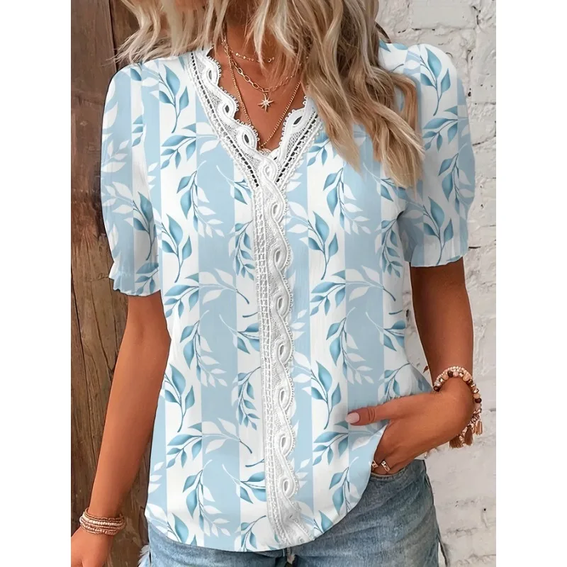 Summer Women\'s Commuting Short Sleeved Shirt Fashionable V-neck Lace Patchwork Printed Shirt Casual Holiday Women\'s Shirt