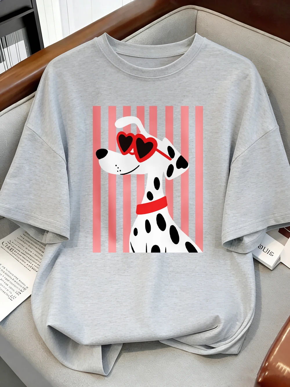 Herzförmige Sonnenbrillen Dalmatiner-Hundemotiv T-Shirts Damen Baumwolle Sommer Übergroße Oberteile O-Ausschnitt Kurzarm-T-Shirts Weiche Streetwear – Detail 14