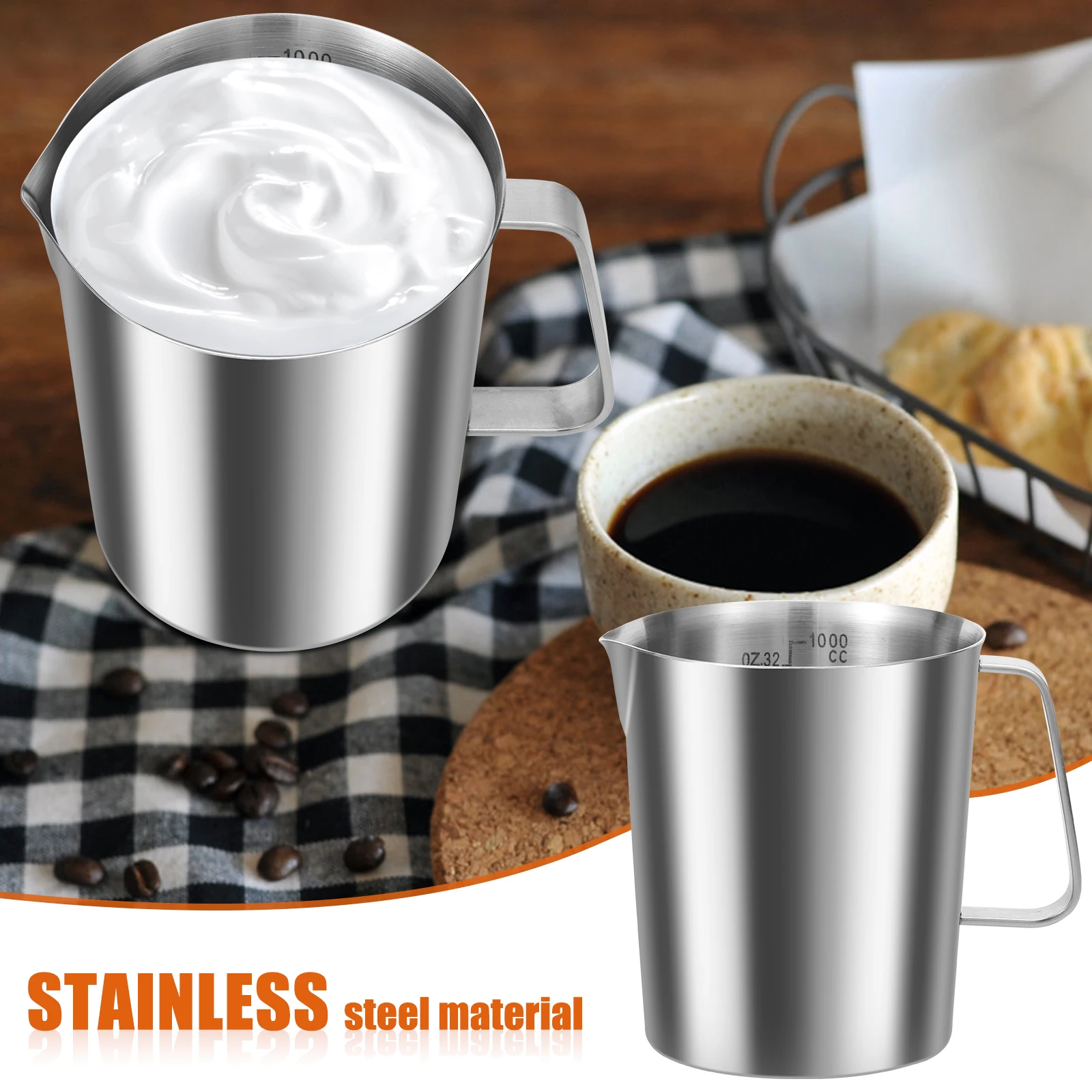 500/1000ML Stainless Steel Milk Frothing Jug With Handle Rust Proof Large Mouth Metal Graduated Beaker With Clear Marking