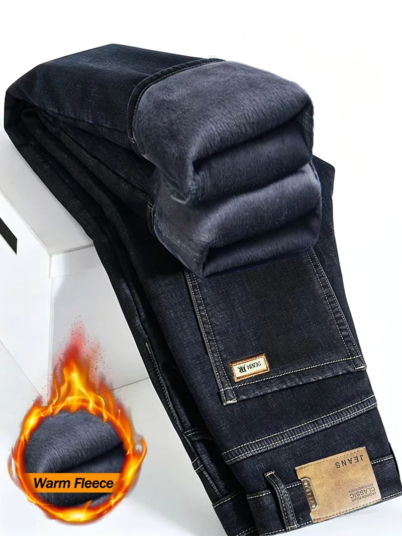 Men's Fleece Lined Straight Fit Jeans Dark Blue Winter Thicken Warm Stretch Denim Trousers Business Casual Male Pants