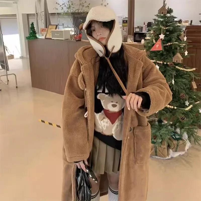 Hooded Long Style Parkas Women Lambswool Double Breasted Pockets Fluffy Warm Winter Windbreak Soft Loose Baggy Coats Plus Velvet