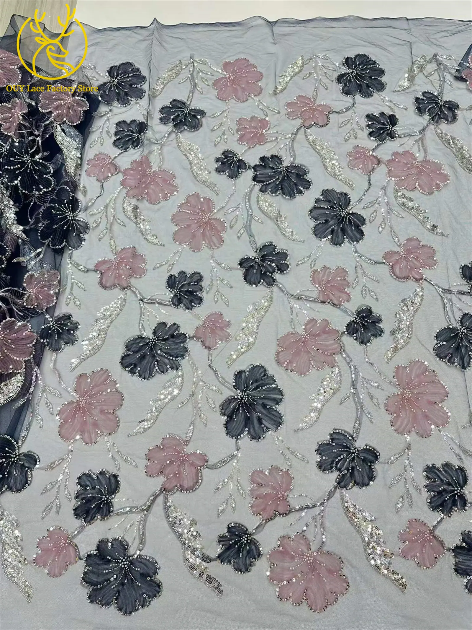5 Yards Modischer Nigerianischer Pailletten-Tüll-Spitzenstoff 2026 Afrikanischer Perlen-Spitzenstoff Französische Spitze für Hochzeitskleider und Partykleider zum Nähen – Detail 20