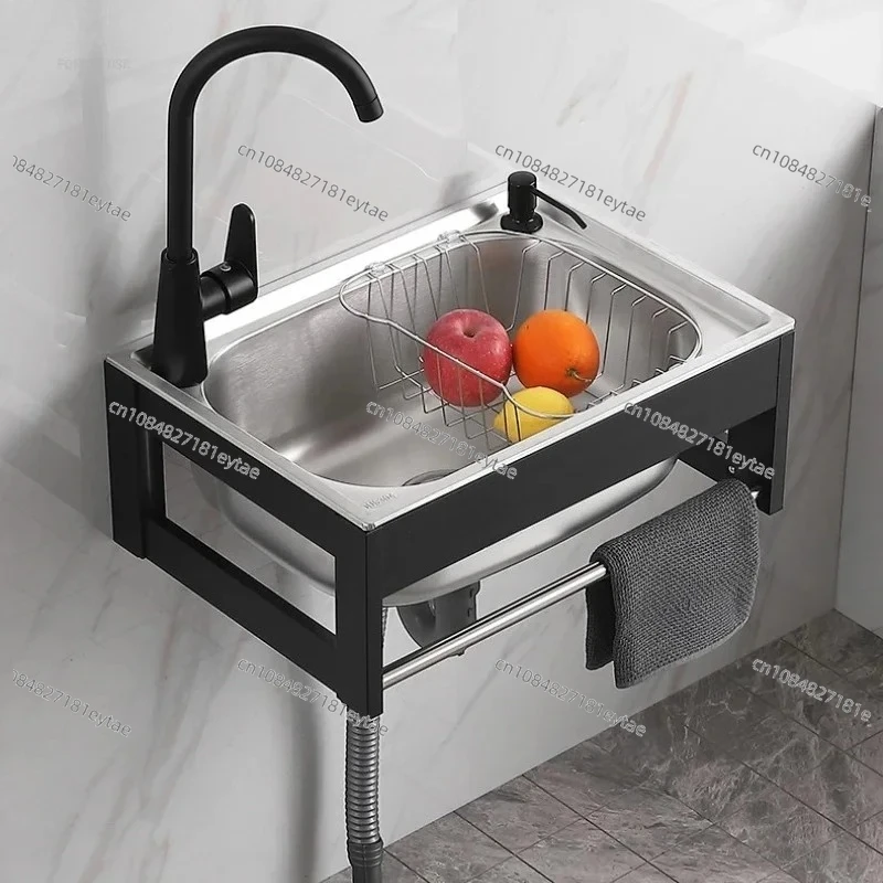 Simple Wall-mounted Kitchen Sinks Stainless Steel Kitchen Washbasin Single-slot Small Apartment Wall-mounted Sinks with Bracket