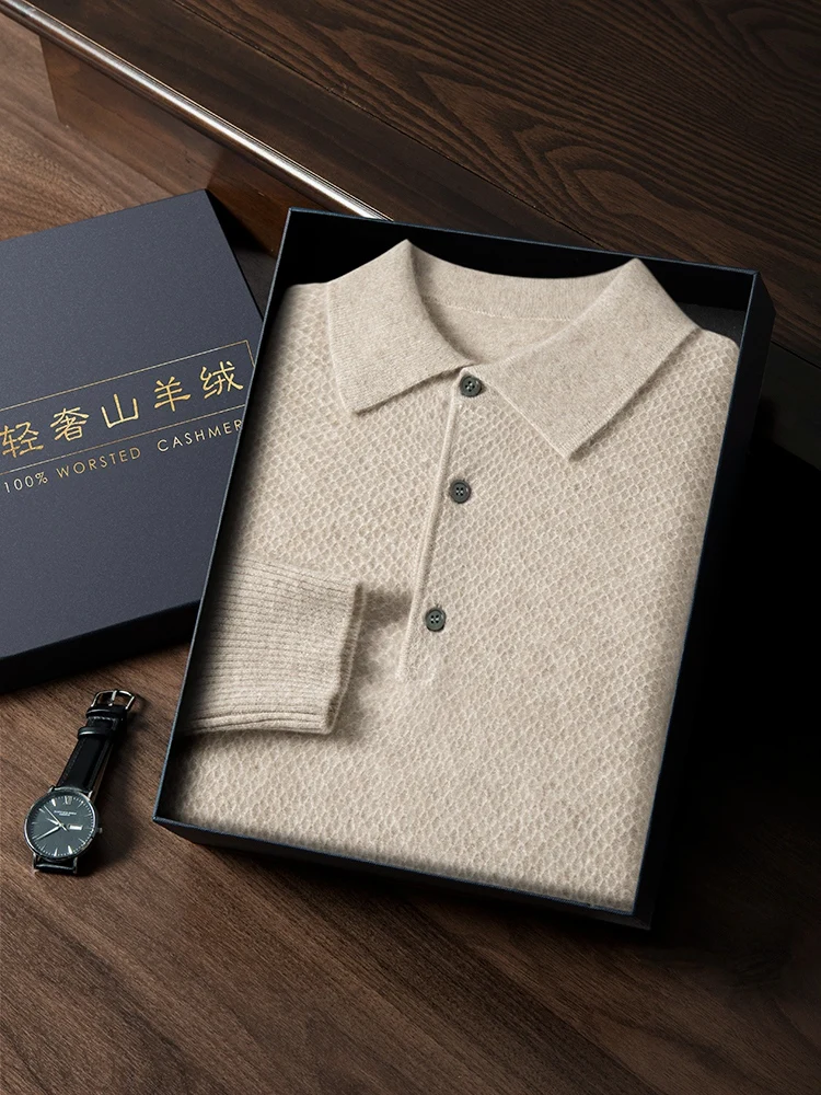 

Высококачественный мужской пуловер с воротником-поло, 100% кашемировый свитер, осень-зима, теплый сотовый тип, умный повседневный кашемировый трикотаж, топы