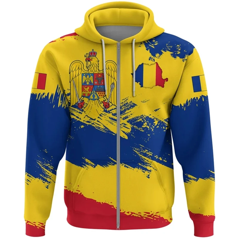 

New Hot Fashion Romania Flag Graphic Zip Hoodies Romanian Emblem 3D Print Hooded Sweatshirts Long-sleeved Oversized Pullovers