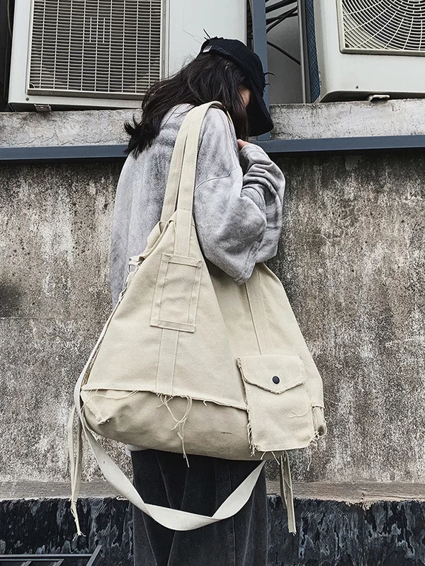 Trendy Canvas Shoulder Bag Pure Color Korean Japanese Style for Students Men And Women Crossbody Bag Artistic Cloth Pouch