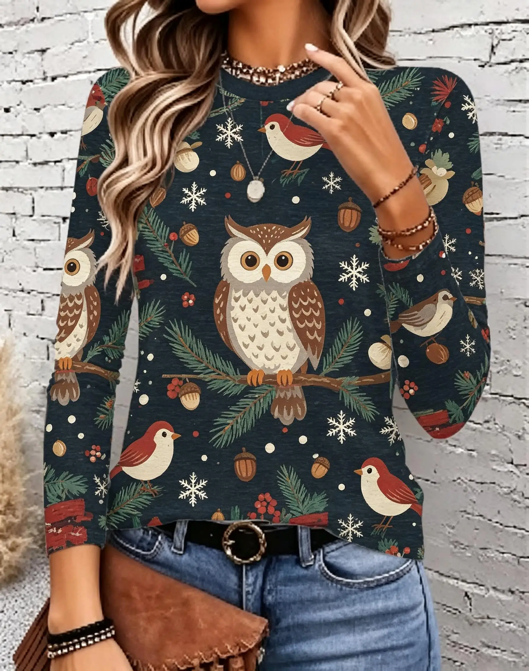 Women Long Sleeve Tee Round Neck Casual Tops Snowman Family Snowflake Berry Print Christmas Fashion Loose Fit Daily Wear Shirt