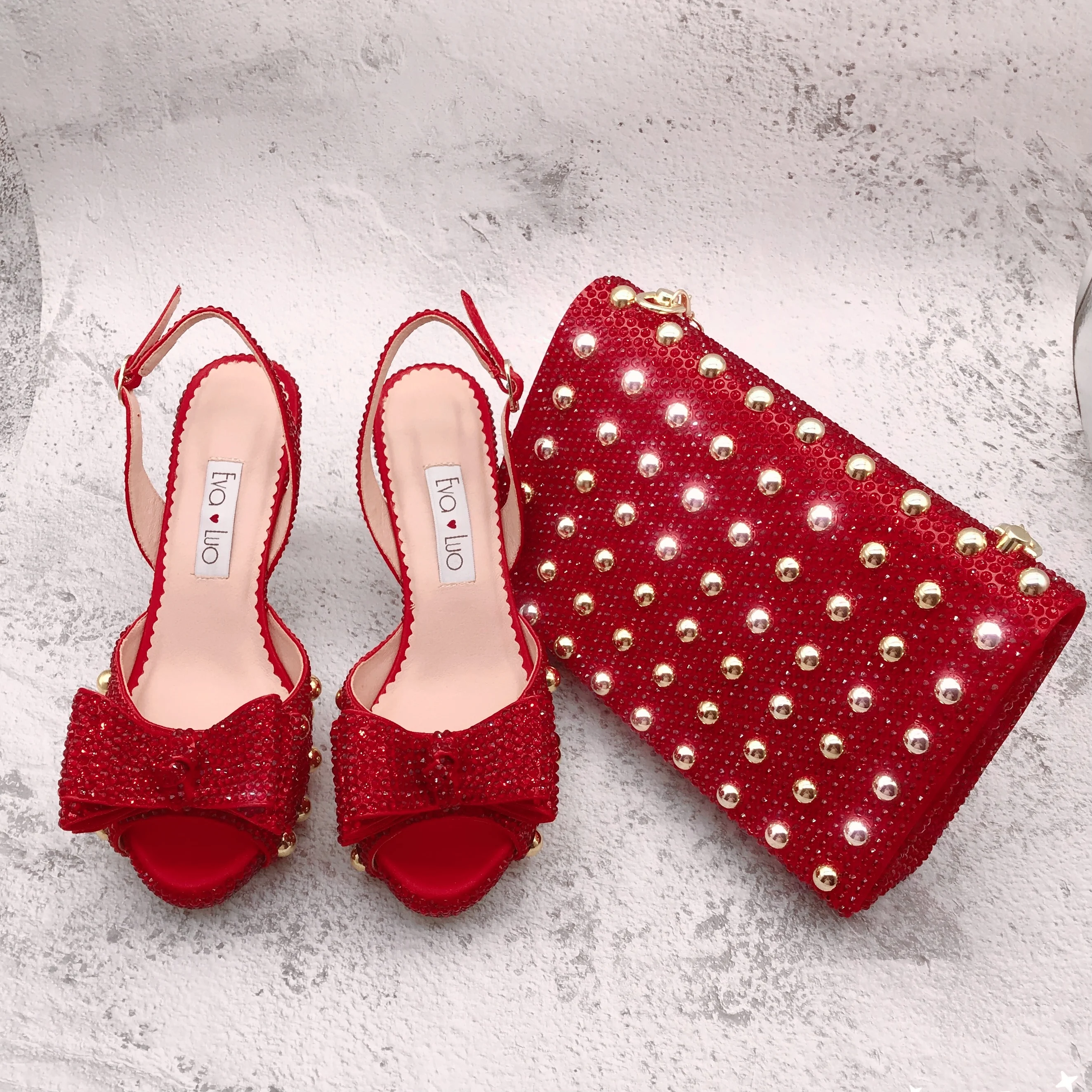 BS1612 Custom Handmade  Women Slingbacks Bridal Wedding  Luxury  Red  Crystal Shoes with Matching Bags Set