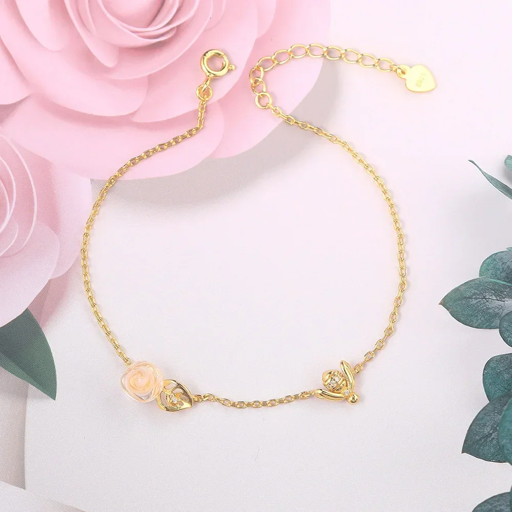 

New S925 Sterling Silver Lady Simple Girl Rose Bracelet Light Luxury Shiny Bee Hand Chain Party Friends Holiday Jewelry Gift