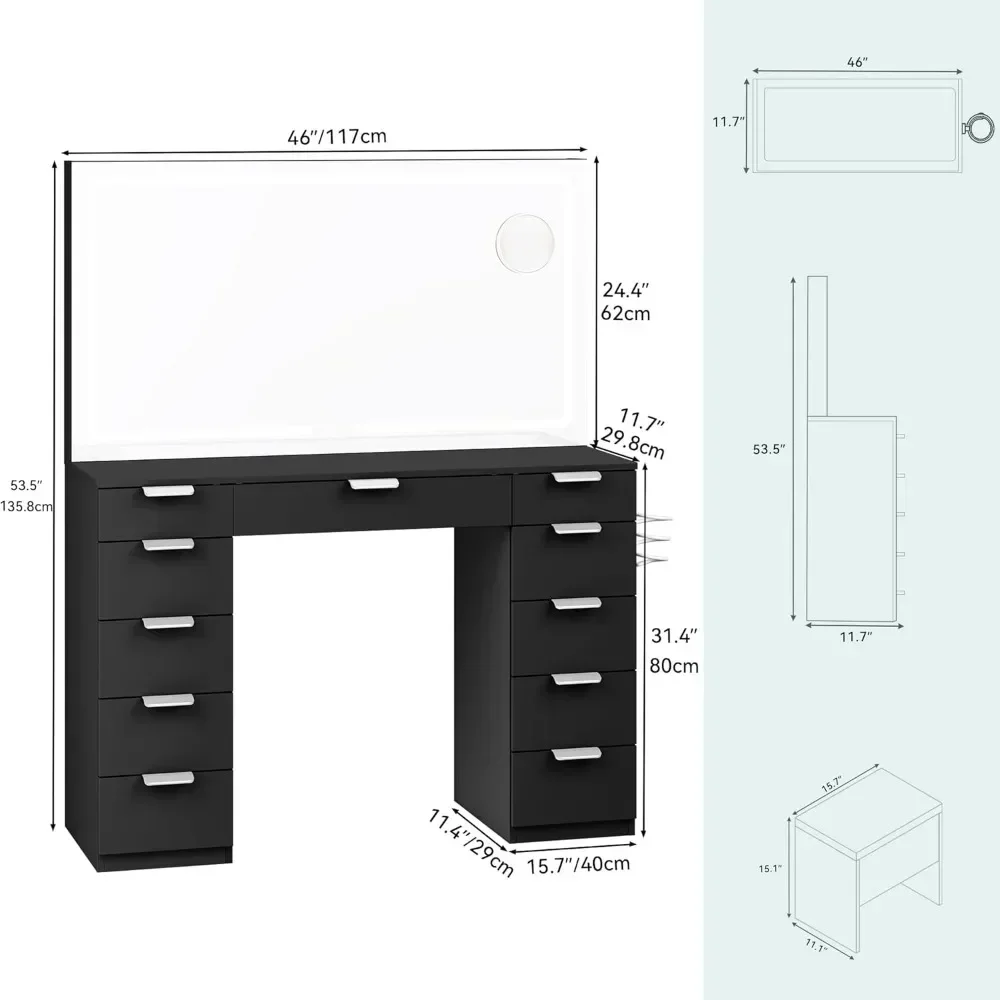 Makeup Vanity Set with Large LED Lighted Mirror  Power Outlet, Vanity Desk with 11 Drawers and Magnifying Glass, Dark Black