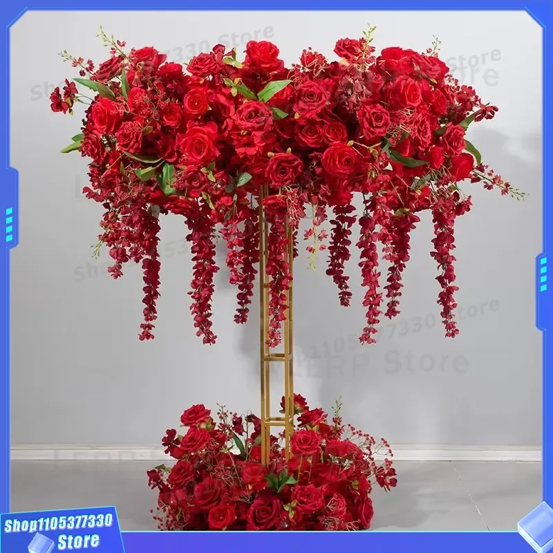 Large Red Silk Rose Flower Ball Artificial Wedding Table Centerpiece Ferris Wheel Design Party Event Decoration Ornament