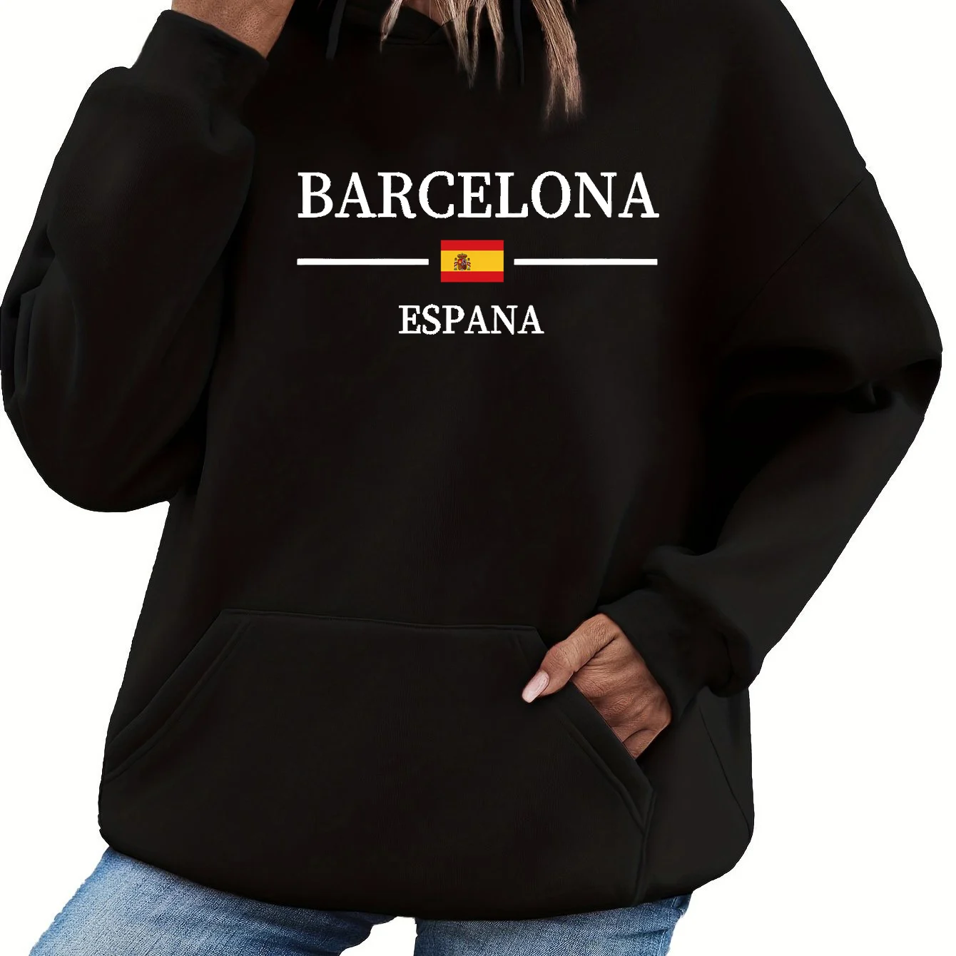 Sudadera con capucha de manga larga de gamuza estampada con patrón de Barcelona informal cálido y suelto de otoño e invierno para mujer