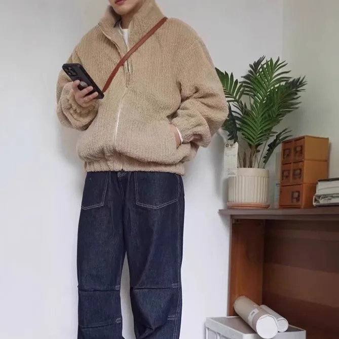 Autumn Winter Japanese Retro Stand Collar Warm Jacket for Men Fashion Casual Loose Sweatshirt Coat Streetwear Men Clothing