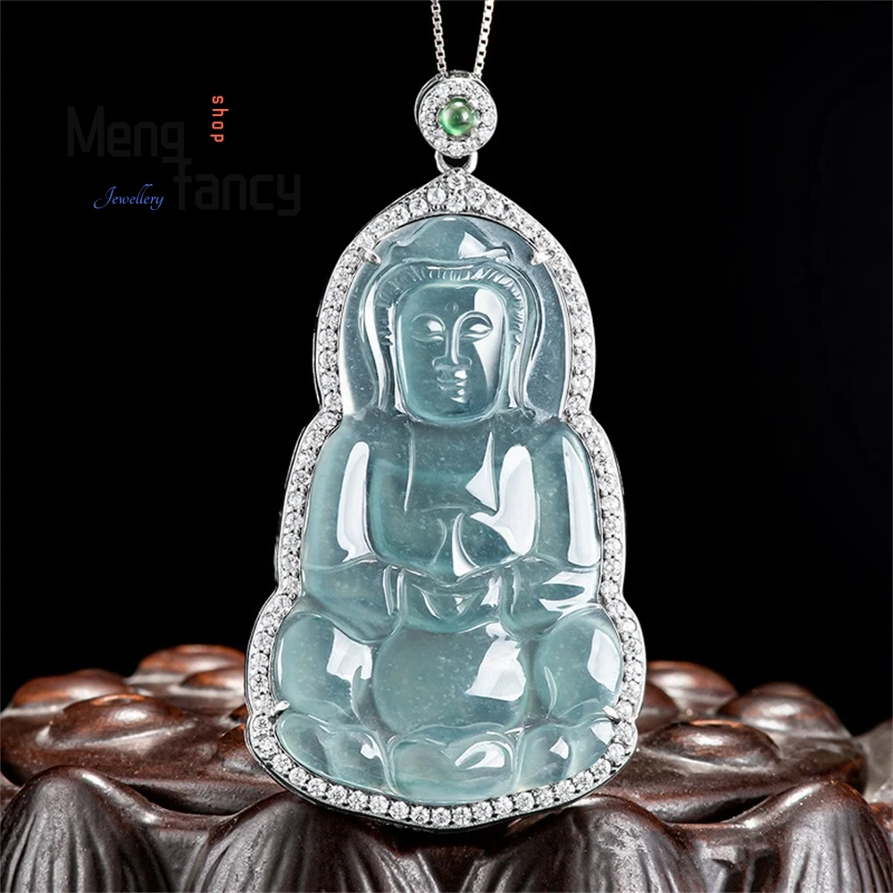

High-End Natural A-Grade Jade Blue Water Guanyin Bodhisattva S925 Silver Inlaid Ice Type Jade Pendant For Men And Women Fashion