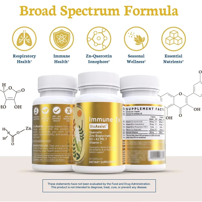 

BioAssist ® Immune fx, Quercetin contains vitamin C, AAC zinc, K2 D3 vitamins, non genetically modified