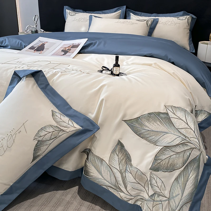 

Leaves Embroidery Bedding Sets Egyptian Cotton Duvet Cover Fitted Bed Sheet Pillowcases Solid Color Mattress Cover Home Textiles