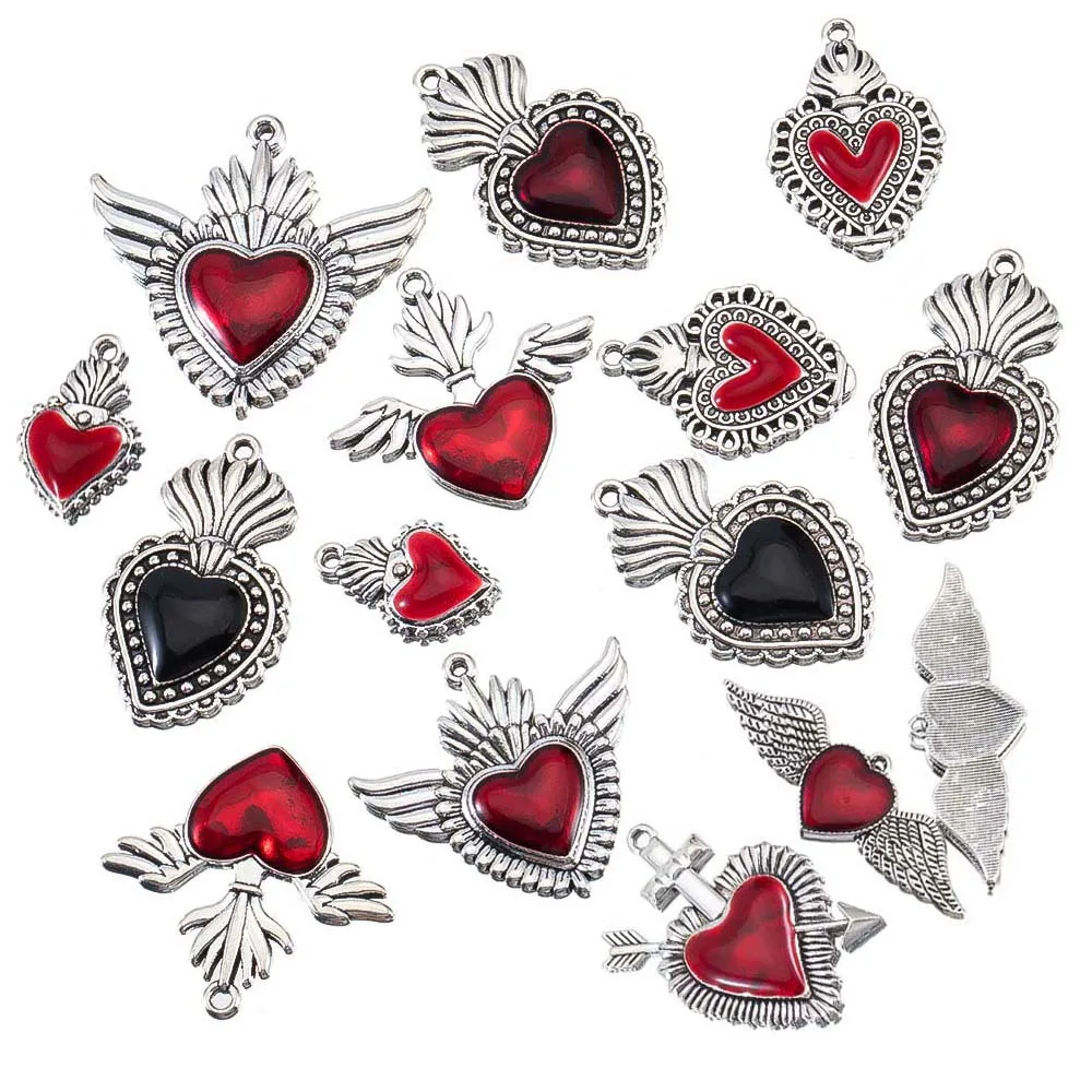 5pcs Y2K Dark Red Crystal Pendants Baroque Heart Wings Bow Rhinestone Charms Jewelry Making DIY Necklaces Keychains Accessories