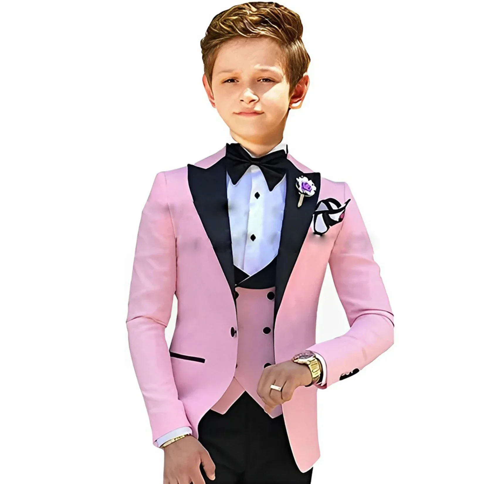 Formale rosa Jungen Anzug Jacke Hosen Weste 3 Stück Hochzeit Smoking für Kinder Peaked Revers Blazer Set Mode Kleidung Kind