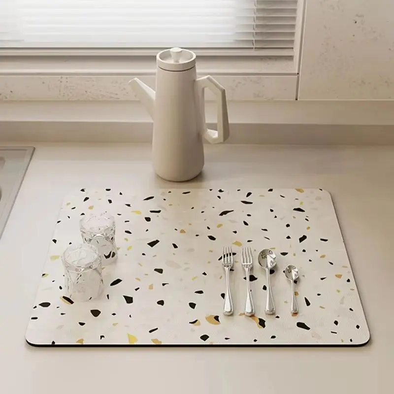 VIKAMA Modern Black Gold Speckle Terrazzo Diatomite Coffee Station Mat Quick Dry Anti Slip Washable Tableware Draining Pad