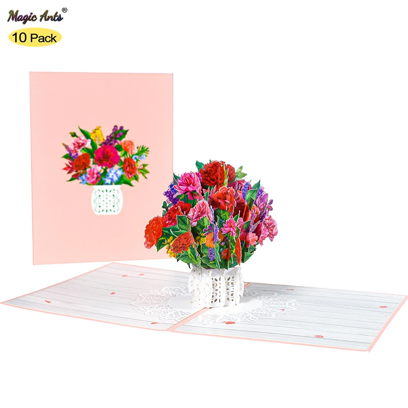 

10 Pack 3D Flower Carnation Pop Up Card Mothers Day Birthday Gift Thanksgiving Greeting Cards for Wife Mom