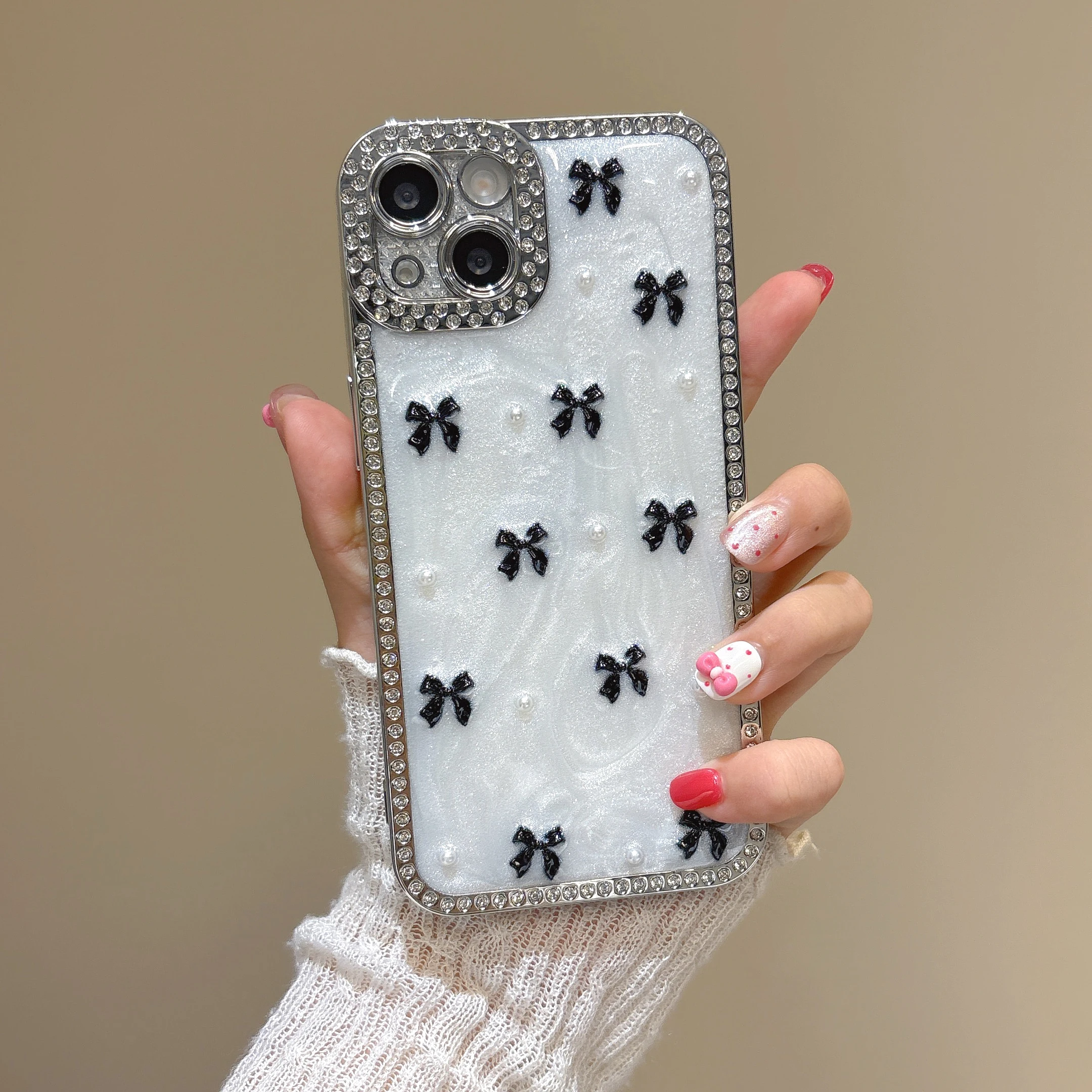 

Back Cover For IPhone 13 14 15 16 Pro Max Case Diamond Bumper Glitter Pearl Black Bowknot Hard Pc Shockproof Phone Case