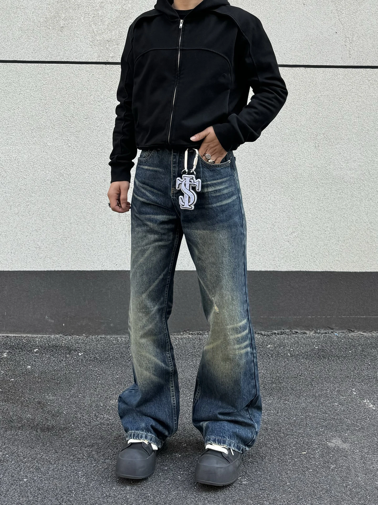 

Джинсы в стиле ретро, американские джинсы с дырками, мужские свободные прямые широкие брюки, длинные брюки Cleanfit, смесь хлопка и полиэстера