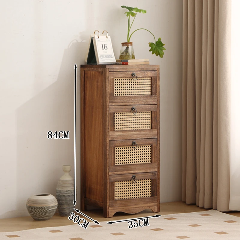 Woven Rattan Nightstand: Nordic Style Side Table, Multi-Level Organizer Stand, Compact Wooden Storage Furniture in White
