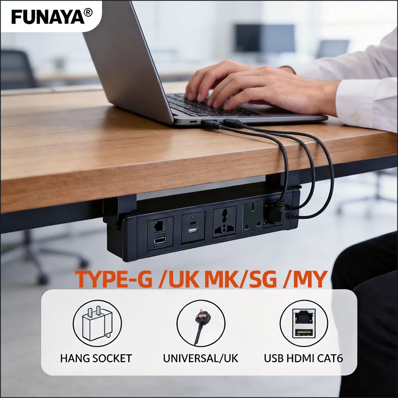 FUNAYA Desktop Embedded Hanging Sockets Universal UK Type-G MK Multi Plug USB Ethernet HDMI Furniture Hidden Extension Socket
