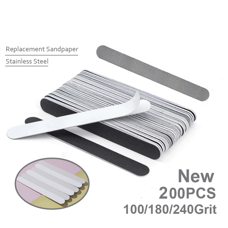 200PCS Manicure Grey/Black Professional Nail Files 100 180 240 Sanding With Stainless Steel Replacement SandPaper