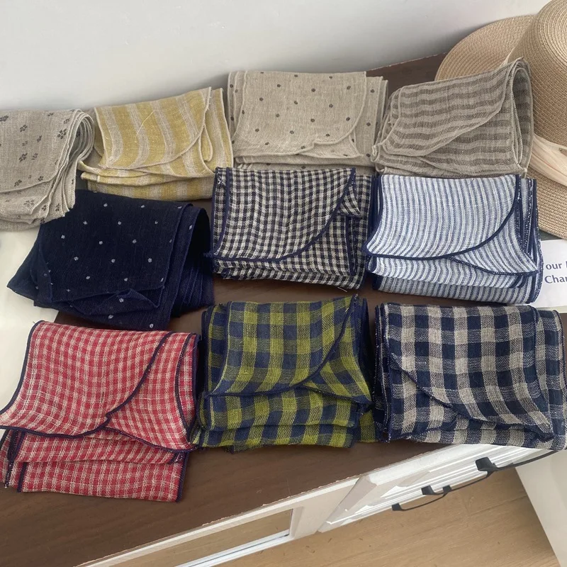 

100% Linen Scarf for Women Narrow Style French Plaid Accessory Chessboard Print Ribbon Shirt Paired Classic Thin Neckerchief