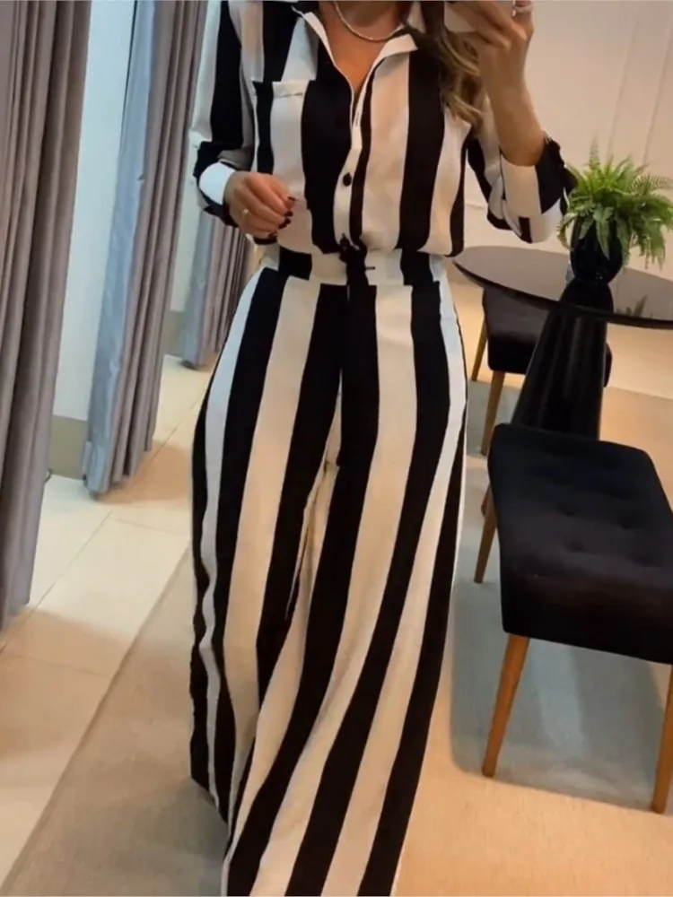 Elegant Women Striped Print Two Piece Sets Outfit 2024 Spring Autumn Lapel Long Sleeve Pocket Design Shirt & Wide Leg Pats Set