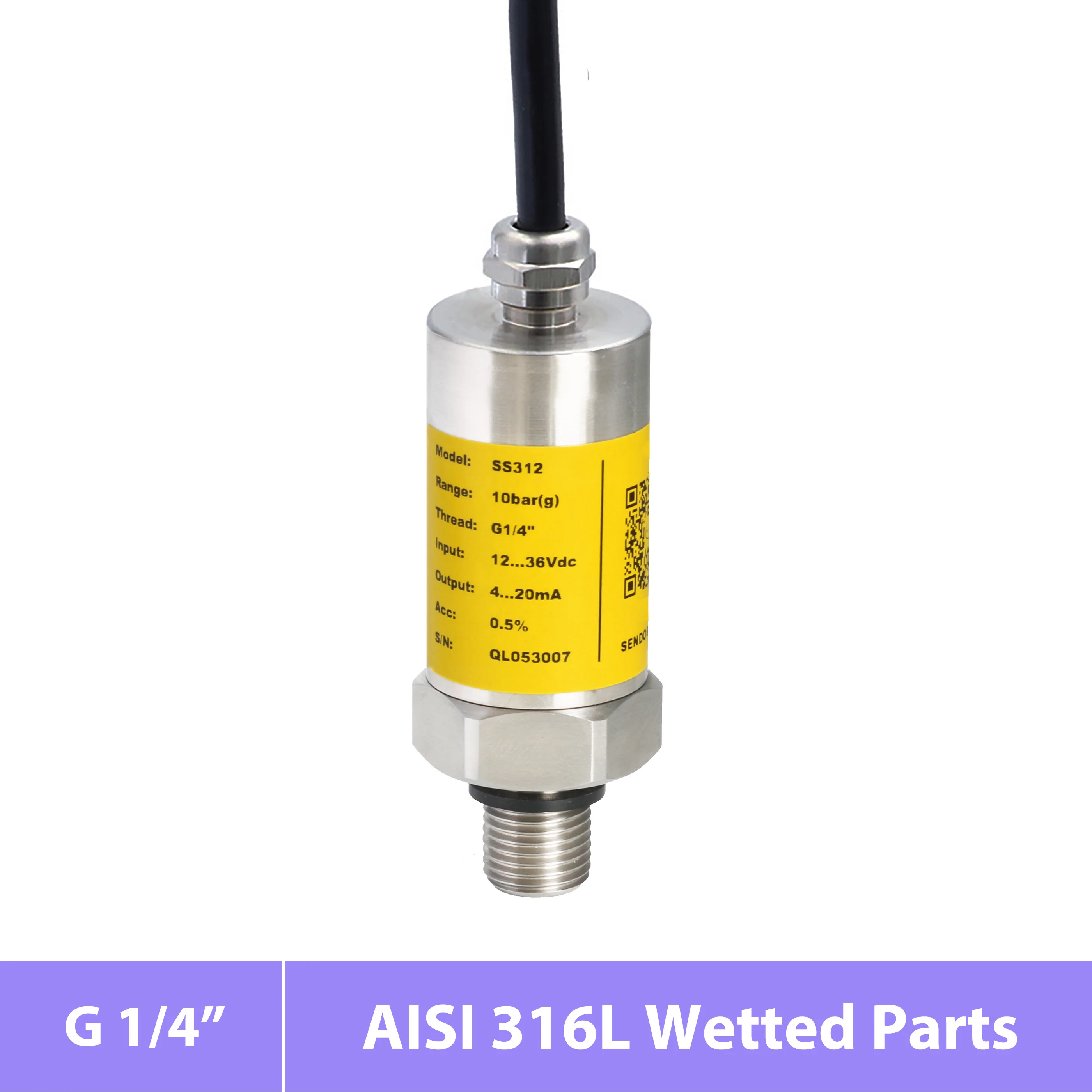 

4 20mA 0.5 4.5V 0 5V 0 10V Pressure sensor transmitter G1/4" 15cm cable outlet stainless steel 316L wetted parts IP65 10bar g
